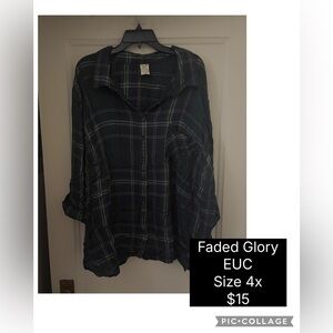 Faded Glory Green and Blue Plaid Button-Up Shirt with Silver Thread